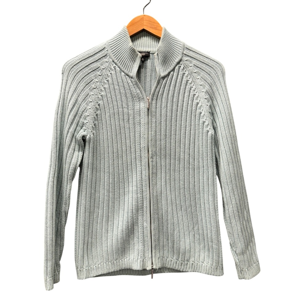 Talbots Cardigan Womens Petite Medium PM Full Zip Ribbed Knit Pale Blue Sweater